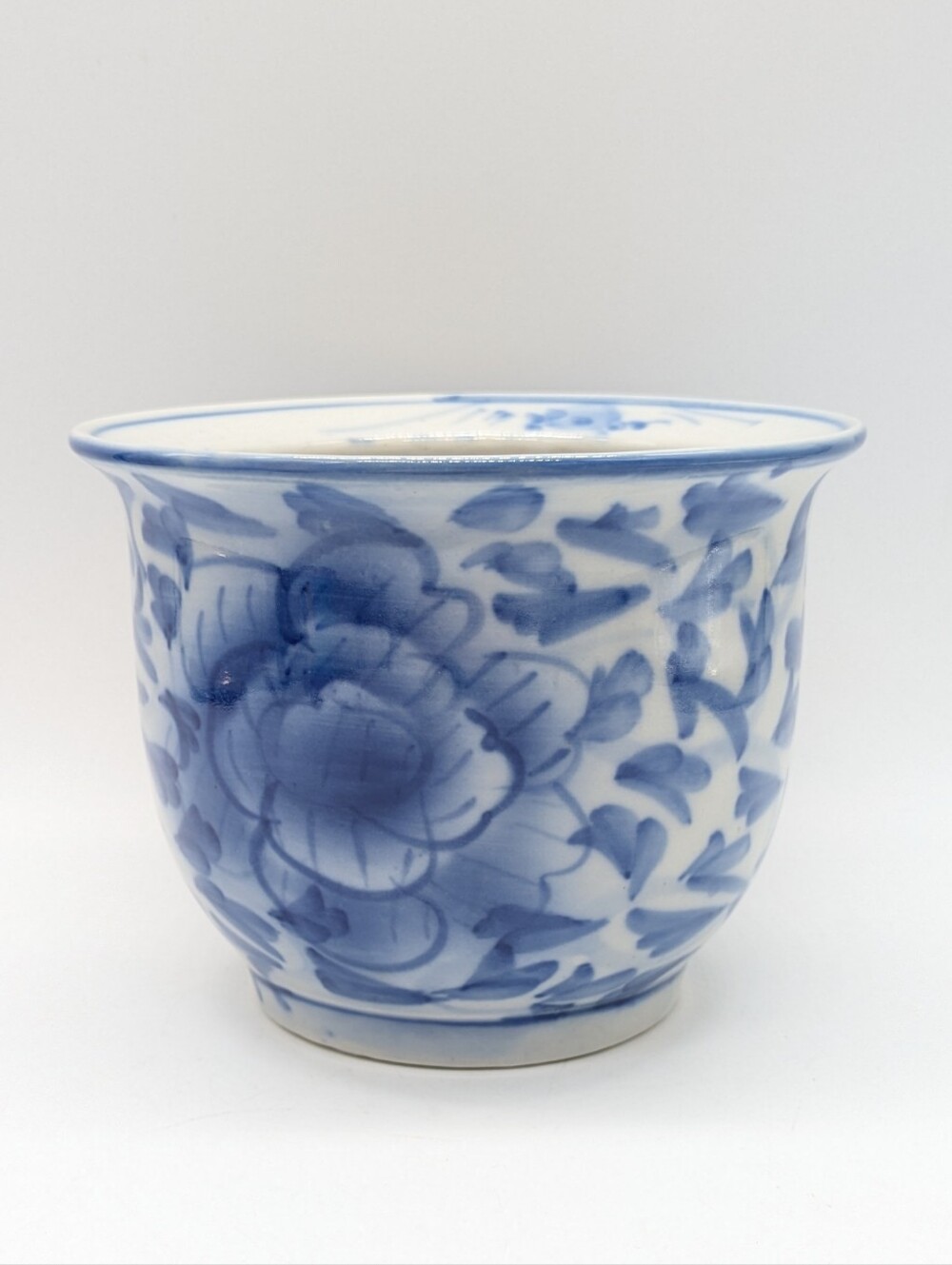 Vintage Blue White Floral Ceramic Chinoiserie Cashpot Planter